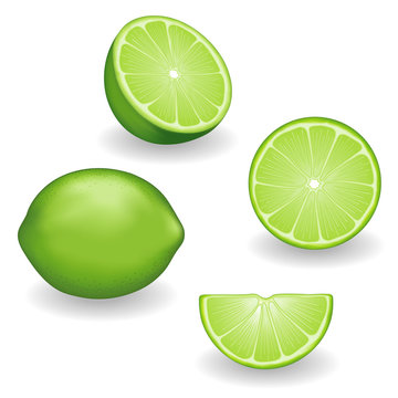Limes, Fresh Fruit: whole, half, slice, wedge, white background