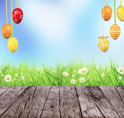  Easter concept with colored eggs and wooden planks © Jag_cz