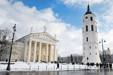 Vilnius cathedral and belfry in winter - 49546994