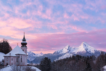Watzmann at sunset with church, Berchtesgaden, Germany Alps