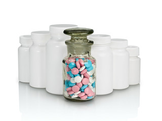 Row of pill bottles.