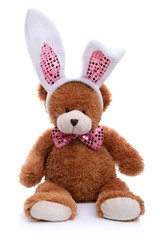 Teddy bear dressed as a bunny - obrazy, fototapety, plakaty
