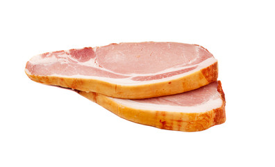 Raw Bacon. Two smoked sliced stakes isolated on white background