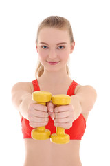 young sporty woman with dumbbells