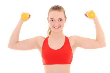 strong woman with yellow dumbbells