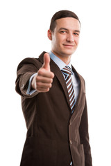 Executive giving thumbs up isolated on white background
