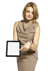 Young woman showing something on tablet