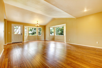 Large empty newly remodeled living room with wood floor.