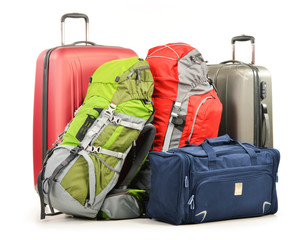 Fototapeta Luggage consisting of large suitcases rucksacks and travel bag obraz