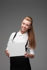 businesswoman holding sign