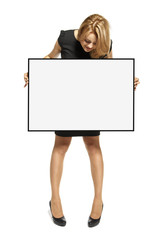 Attractive Woman Holding Up a  Poster - Isolated