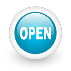 open blue circle glossy web icon on white background