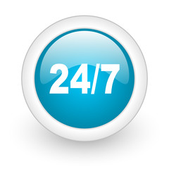 24/7 blue circle glossy web icon on white background