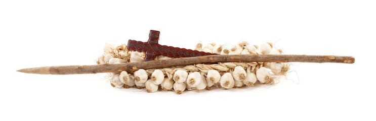 Set against vampires hawthorn stake, garlic and cross