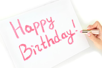 Inscription lipstick on white paper, isolated on white