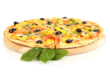 Tasty pizza with vegetables, chicken and olives isolated