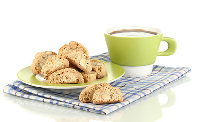 Aromatic cookies cantuccini and cup of coffee isolated on white