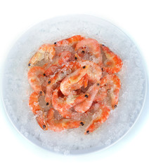 Shrimps on ice in plate isolated on white