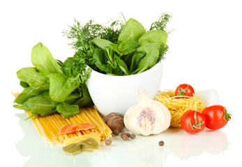 Composition of mortar, pasta and green herbals, isolated