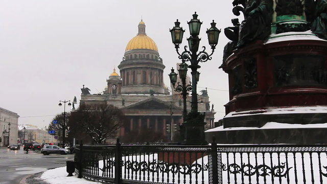 Panoramic of St. Isaac's Cathedral in snowfall, St Petersburg