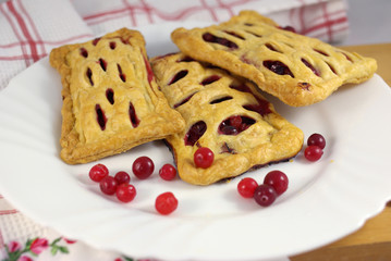 Cake with cranberries on decorated table