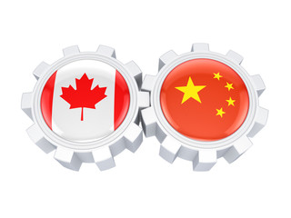 Canadian and chinese flags on a gears.