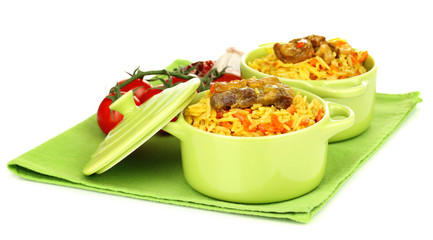 Delicious pilaf with vegetables isolated on white