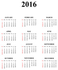Calendar For Year 2016