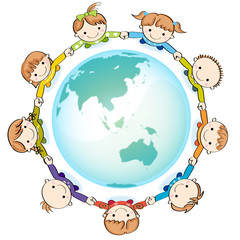 手をつなぐ子供たち(地球あり）