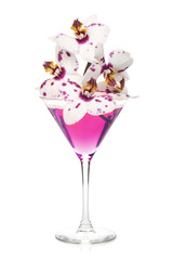 Pink orchid flowers in a cocktail glass
