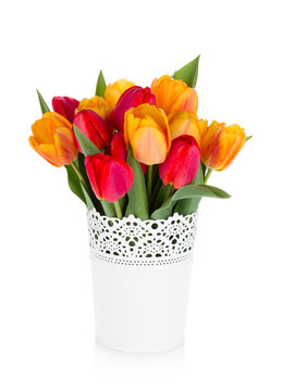 Red and orange tulips in flowerpot