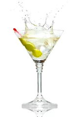 Foto op Plexiglas Olive splashing on martini glass isolated on white © Serhiy Shullye