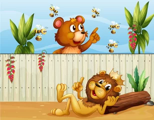 Washable wall murals Beren A lion, a bear and bees