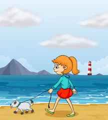 Photo sur Plexiglas Chiens Une fille se promenant sur la plage avec un chiot