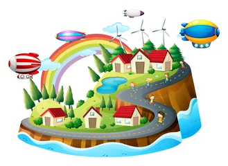 Wall murals Rainbow A view of the village with kids