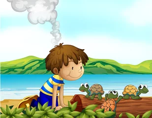 Deurstickers Een jongen die naar de drie schildpadden kijkt © GraphicsRF