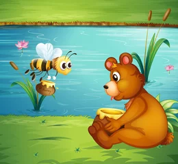 Foto op Plexiglas Een beer en een bij aan de rivieroever © GraphicsRF
