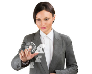 Business woman pointing her fingers on virtual web interface ico