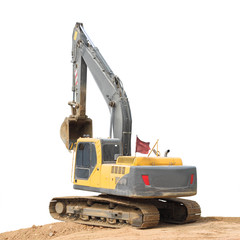 Back of old backhoe and brown soil ground on white background.