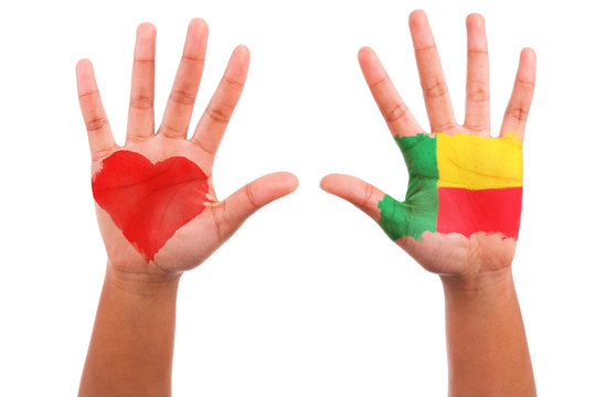 African hands with a painted heart and beninian flag, i love  be