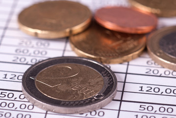 Monety euro ułożone na zestawieniu finansowym © Wojciech Bobrowicz