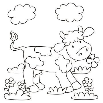 cow on meadow - coloring book, black and white vector illustration
