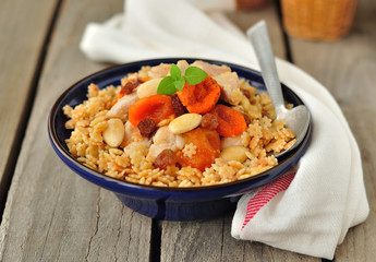 Chicken with Dried Fruit and Nuts on Pasta