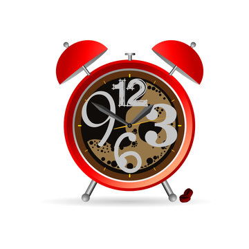 red clock with coffee in background