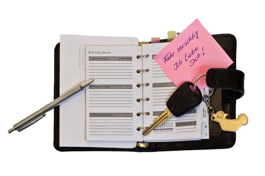 Kalender mit Notiz: Fahr vorsichtig, Ich liebe dich