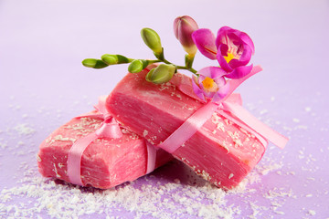 Natural handmade soap, on purple background