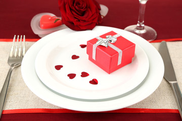 Table setting in honor of Valentine's Day close-up