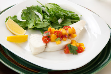 Poached Halibut and Peach Salsa