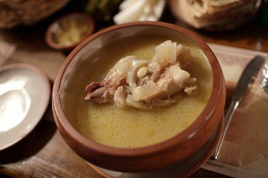 Broth with meat for Khash in armenian restaurant