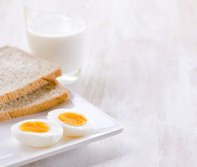 Boiled eggs, toasts and glass of milk